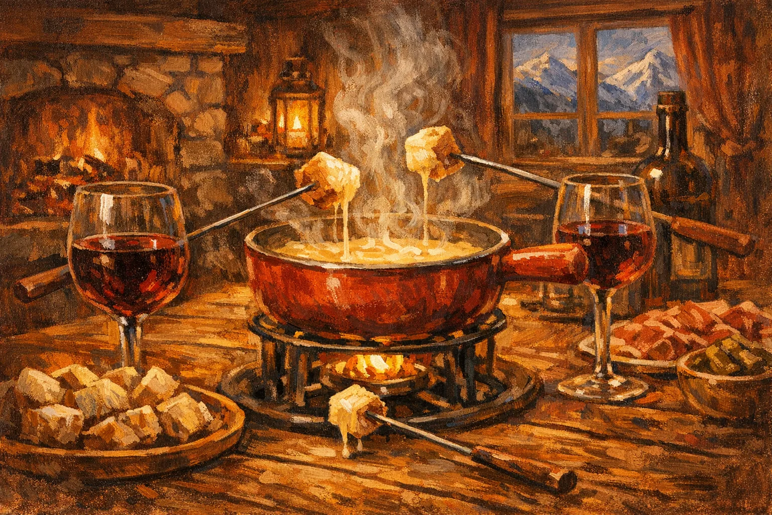 Fondue au chalet et vin rouge